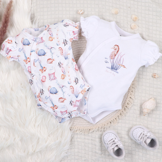 ABN-5474 Underwater World Nini Umschlag-Body weiß – Bio-Baumwolle, kurze Ärmel