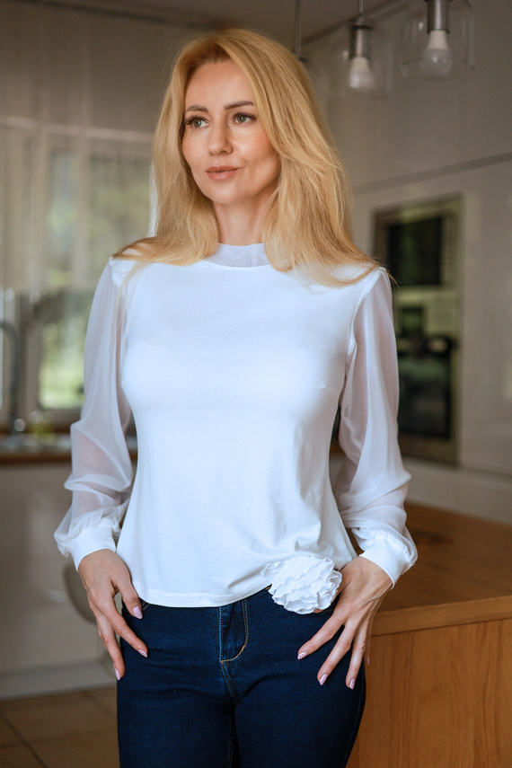 Mirale Freya Damenbluse aus Viskose mit Tüllärmeln und Stehkragen, elegant – ecru