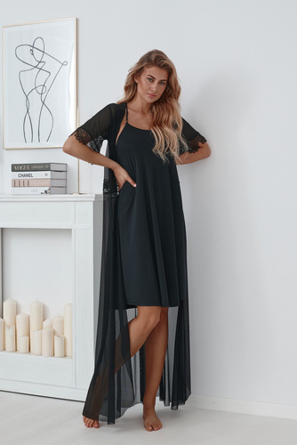 509 Lupoline Damen Negligé Morgenmantel - schwarz