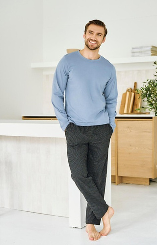 3474 Lorenzo Taro Herrenpyjama, blau – Baumwolle, lange Hose, Taschen