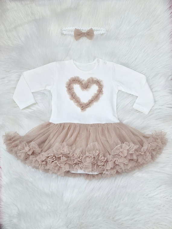 Mia Body-Kleid Langarm Bambarillo – Ecru und Beige, Baumwolle mit Tüll