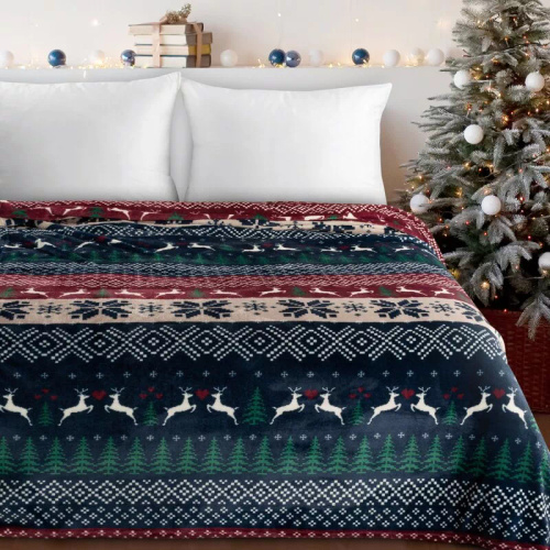 Eurofirany Weihnachtsdecke, Marineblau und Rot mit skandinavischem Muster – weicher Überwurf aus Mikrofaser, 240 g/m²