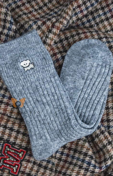 YN5035 Warme Damensocken Magnetis grau – gerippt mit Applikation