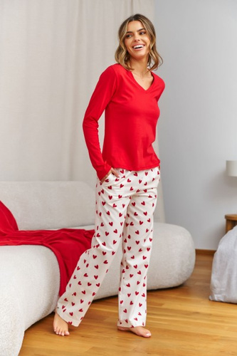 Damen-Pyjama Doctor Nap Amour, rote Bluse + Flanellhose, 100% Baumwolle