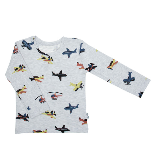 219138 Willy Nicol Babybluse, grau, mit Flugzeugen, Baumwolle, lange Ärmel