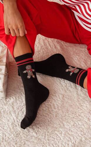 1283-026 Großer Keks mit Streifen Weihnachts-Milena-Damensocken – schwarz