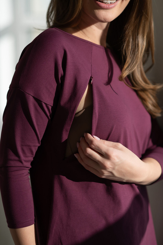 Umstands- und Stilltunika „Mommy Mauve Wine Milk&Love“ – Oversized-Bluse mit verdeckten Reißverschlüssen, Öko-Tex-Baumwolle