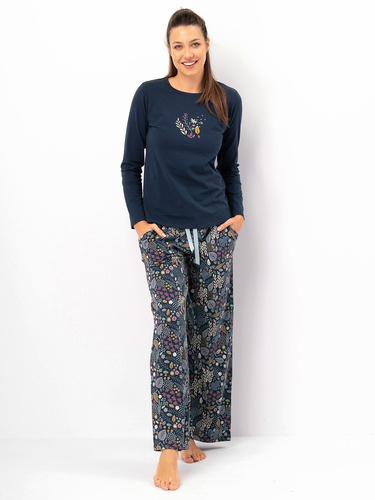 Damenpyjama Key LNS 571 dunkelblaugrün – Baumwolle, lange Ärmel, elegant