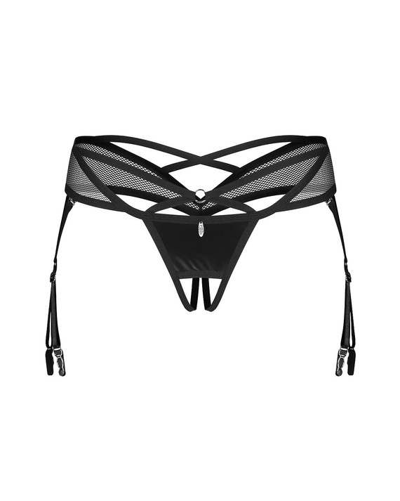 Obsessive Dominna Crotchless Thong schwarzer Tanga – Latexglanz, offener Schritt, Strumpfhalter