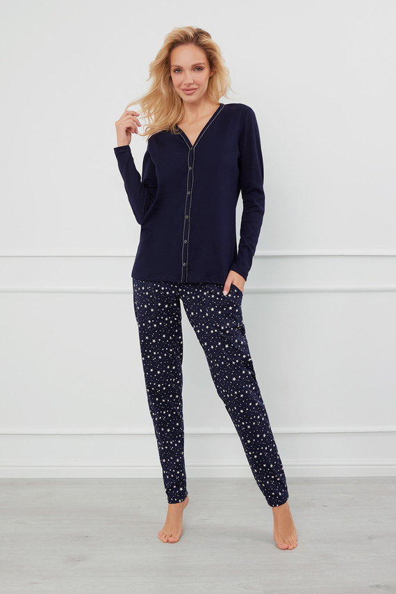 Libra Damen Schlafanzug langarm und Hose Italian Fashion - marineblau/print 