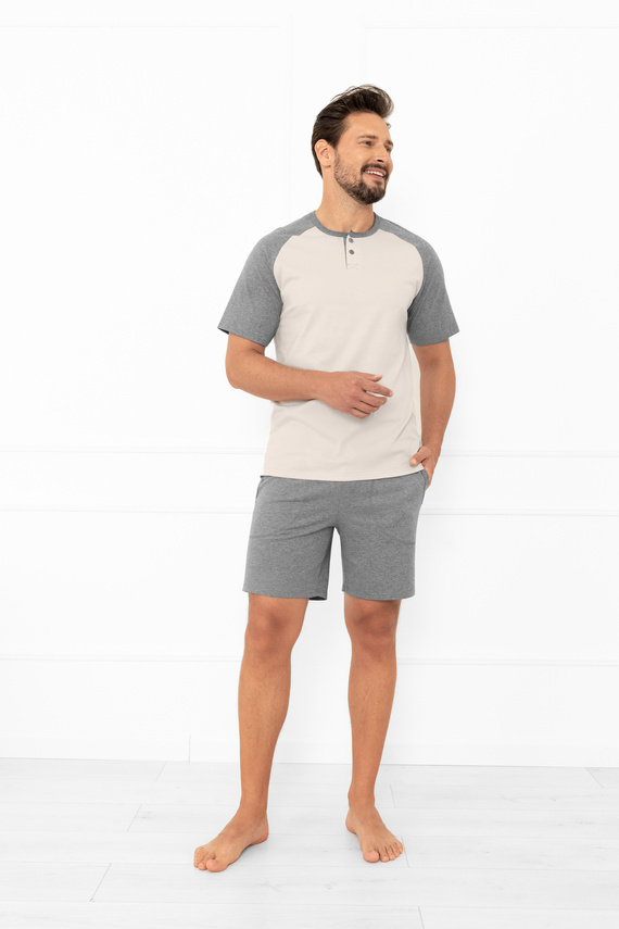 Alexander Italian Fashion Herren Schlafanzug beige - kurze Ärmel und kurze Hose, 100% Baumwolle 