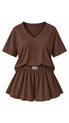 Luna 1313 Damen-Pyjama braun 100% Baumwolle T-Shirt und kurze Hose