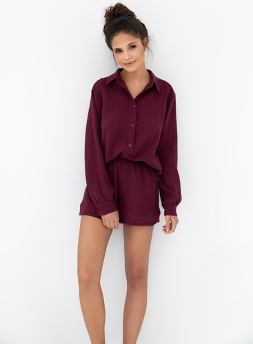 Damen-Pyjama „Ivory Sensis“ in Burgunderrot – Musselin-Baumwolle, lange Ärmel, geknöpft