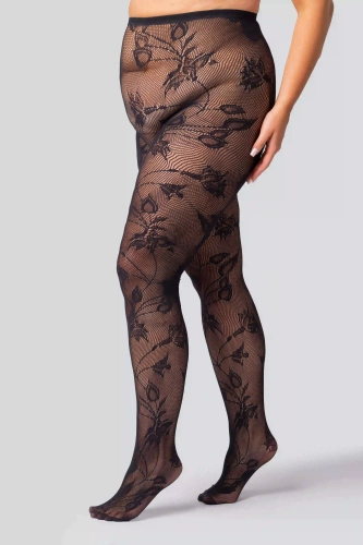 Geblümte Netzstrumpfhose Queen Size – schwarz, elegant, mit Baumwollzwickel