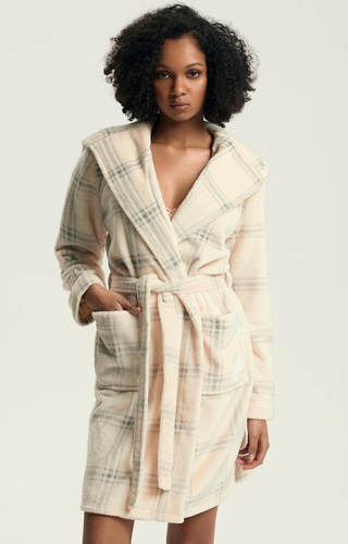 43596 Danna Damen-Bademantel Henderson weiß – mit Kapuze, Karomuster