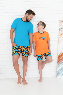 Comics Kurzarm-Pyjama für Jungen, Hose Italian Fashion - orange/print