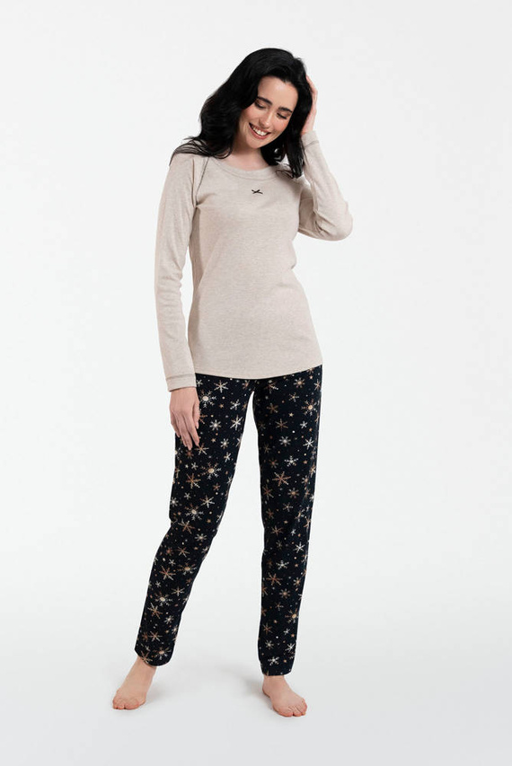 Denali Damen Schlafanzug langarm, lange Hose Italian Fashion- beige melange/print