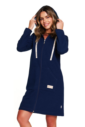 Doctor Nap 7364 – Damen-Bademantel aus Baumwolle mit Reißverschluss und Kapuze | 100 % Baumwolle, polnische Produktion – Marineblau