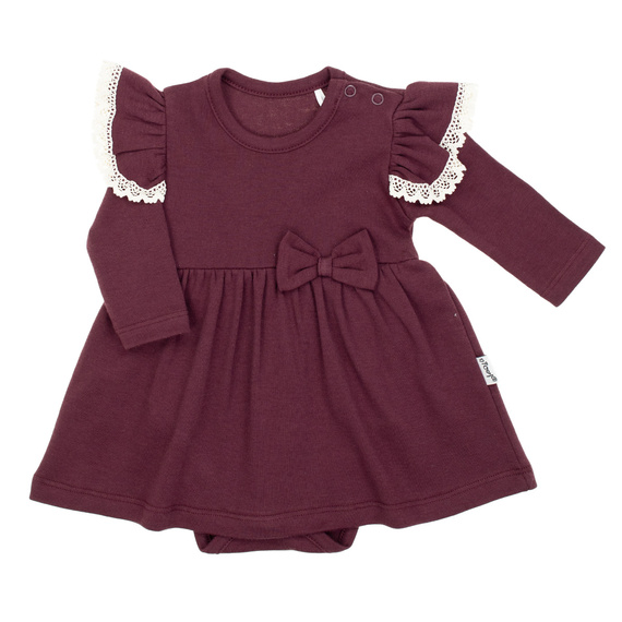 217160 Kleid-Body von Alisa Nicol – Burgunderrot, lange Ärmel, Rüschen und Schleife