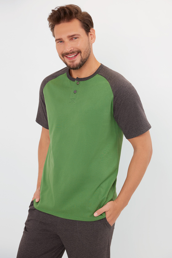 Alexander Herren Kurzarm-Pyjama, lange Hose Italienische Mode - grün/c.melanÅ¼ 