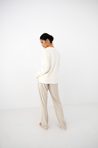Damenpyjama Sensis Nolia ecru-mocca lang mit Taschen und Kordelzug