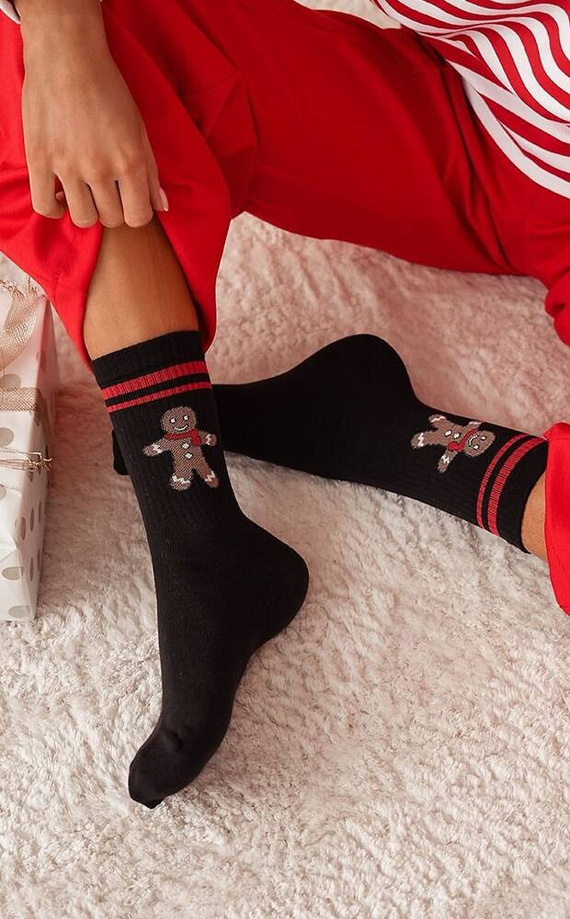 1283-026 Großer Keks mit Streifen Weihnachts-Milena-Damensocken – schwarz