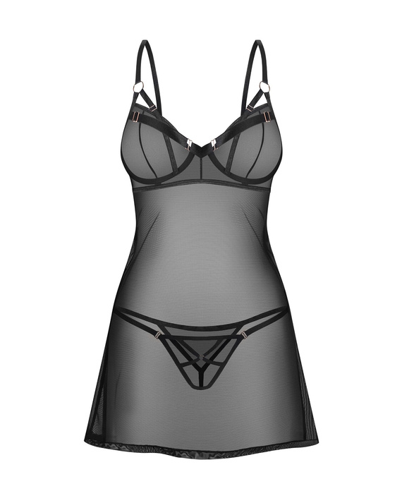 Euridia Chemise Obsessive Chemise schwarz – elegantes Nachthemd mit Bügeln und Tanga Chemise Obsessive Damen-Unterhemd – schwarz