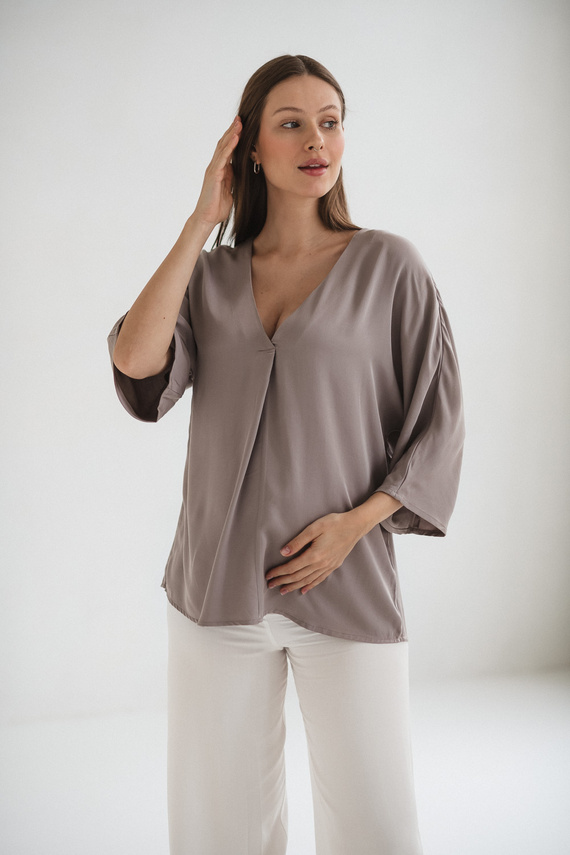 Mamafullness Milk&Love Umstands-Stillbluse, Beige – Viskose, 3/4 Ärmel, Übergröße