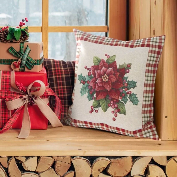 Chp 1273 Weihnachts-Wandteppich-Kissenbezug, Blumen, Eurocurtains, beige