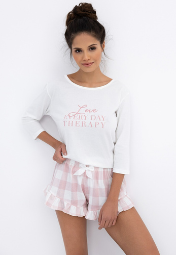 Emily Sensis – Baumwollpyjama für Damen | 3/4-T-Shirt und karierte Shorts mit Rüschen