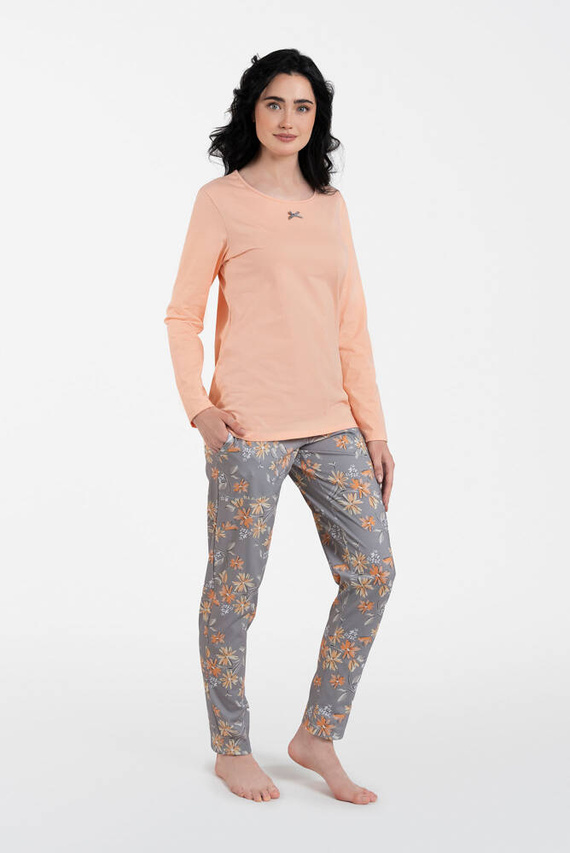 Kasali Damen Schlafanzug mit langen Ärmeln und Hose Italian Fashion - lachs/print