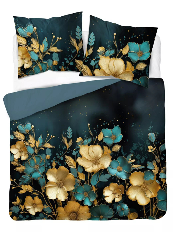 5118 Eine dunkle Baumwollbettwäsche von Holland Detexpol mit goldenen und türkisfarbenen Blumen – 100 % Baumwolle, doppelseitig, polnische Produktion