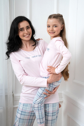 Glamour Ladies' langärmeliger Pyjama und lange Hose Italian Fashion - rosa/print