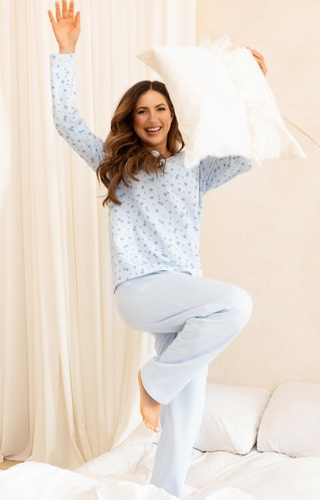 717 Regina Damenpyjama, blau – warme Baumwolle, lange Ärmel, Blumen