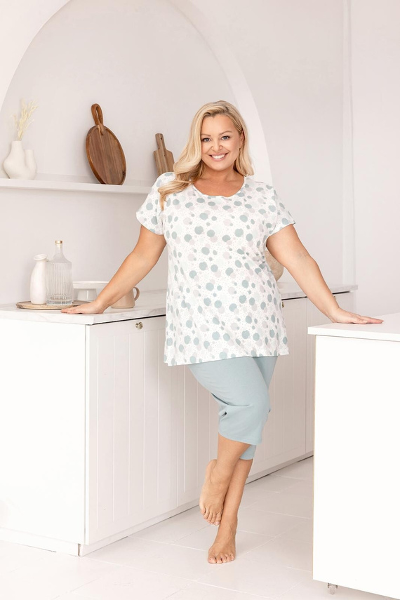 Damen Pyjama Regina 730 aus 100% Baumwolle – Kurzarm-Shirt mit bunten Punkten, 3/4 Hose, Atmungsaktiv & Sommerlich