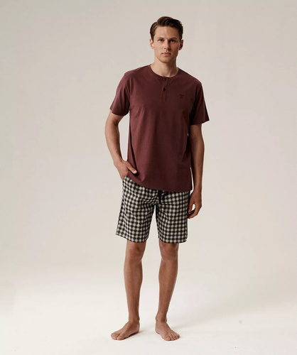 Herrenpyjama NMP-397 – weingraue Baumwolle, kurze Ärmel, leicht und bequem für den Sommer