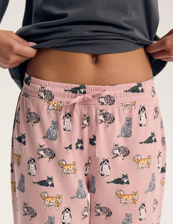 Damen-Pyjama Henderson Ginni 45419 100% Baumwolle Langarm Katzen Grau