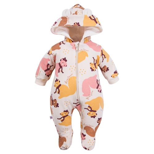 Fluffy Tails Eevi Kinder-Trainingsanzug – ecru, mit Füßen und Kapuze, Herbstdruck