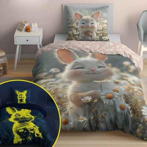 5548 A Fluo 95 Im Dunkeln leuchtende Bettwäsche, Hase in Blumen, 100 % Baumwolle | Für Kinder Detexpol