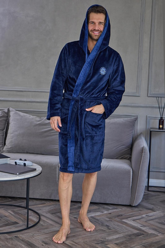 L&L 2663 Active Herren Bademantel lang mit Kapuze weich Navy