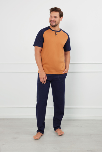 Alexander Herren Kurzarm-Pyjama, lange Hose Italian Fashion - cognac/grenade