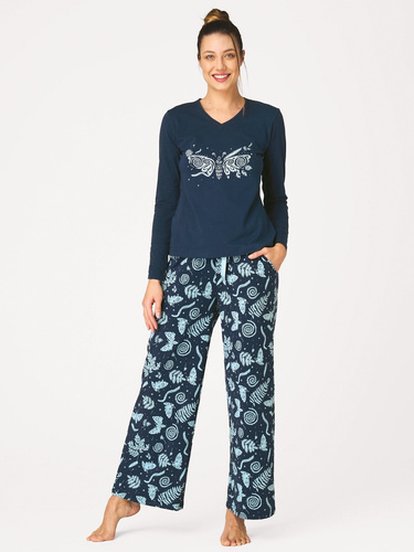 Damenpyjama Key LNS 534 lang aus Baumwolle in Marineblau mit Taschen