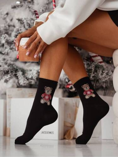 0200-132 Teddybär im Pullover Weihnachts-Milena-Damensocken – schwarz