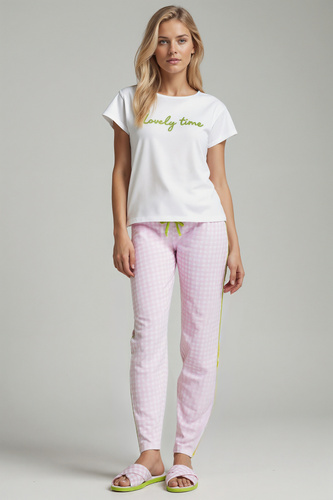 Dana Sorbetto Damen-Pyjama, Rosa – 100 % Baumwolle, kurze Ärmel, karierte Hose, Set