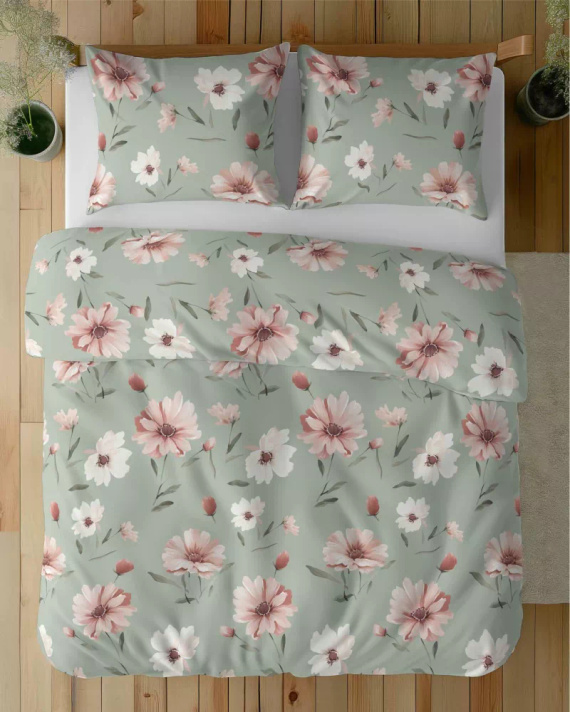 5502 B Mintfarbene Baumwollbettwäsche mit cremefarbenen und rosa Blumen Naturalis – Detexpol