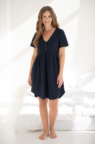 Aurora Milk&Love Umstands- und Stillnachthemd, marineblau – Baumwolle, mit Knöpfen, polnische Produktion