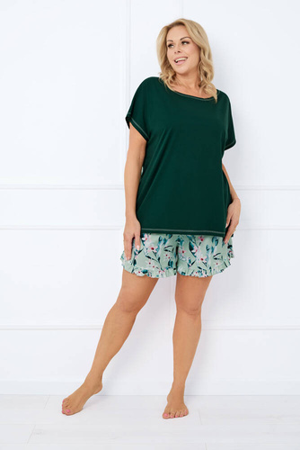 Florisa Damen Kurzarm-Pyjama, kurze Hose Italian Fashion - dunkelgrün/print