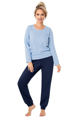 Donna Star Langer Damenpyjama, dunkelblau – Baumwolle, lange Ärmel, verpackt in einer Plastiktüte