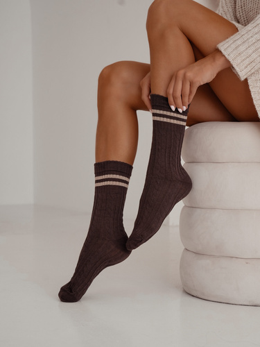 1542-001 Braid Milena Damensocken braun – Baumwolle, Zopfbindung, Streifen
