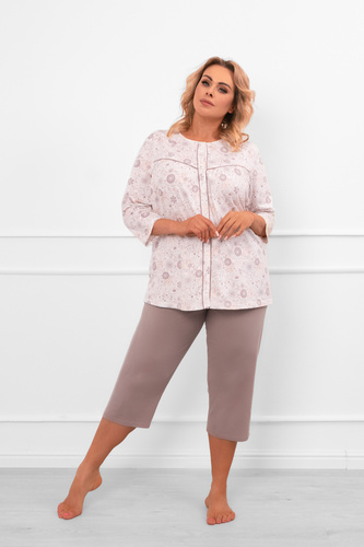 Damen Schlafanzug Galea - Baumwolle, 3/4 Ärmel und Hose, Blumenmotiv Italian Fashion